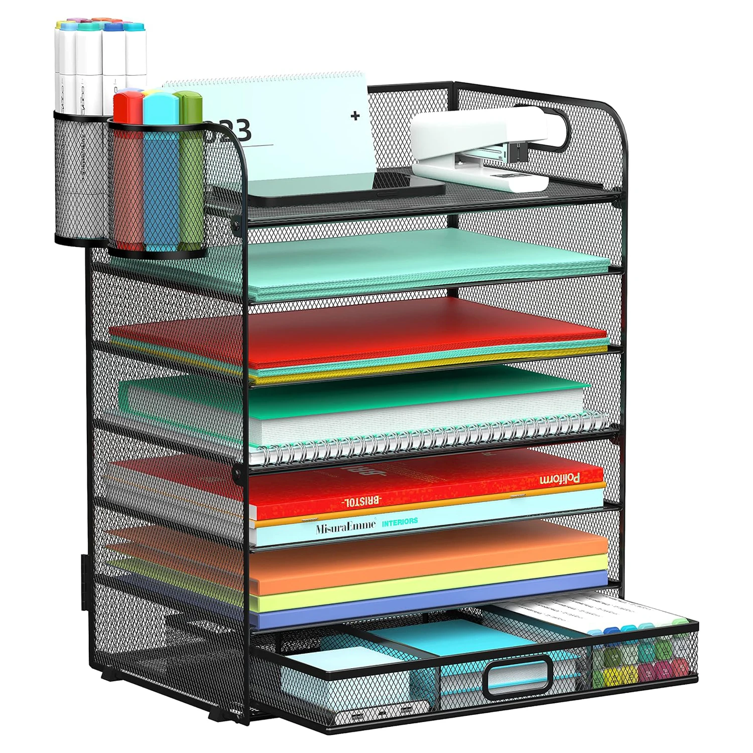 7-Tier Metal Mesh File Organizer for Office or Classroom Letter/A4 Paper Tray with Pen Holder and Drawer Desk Organizer
