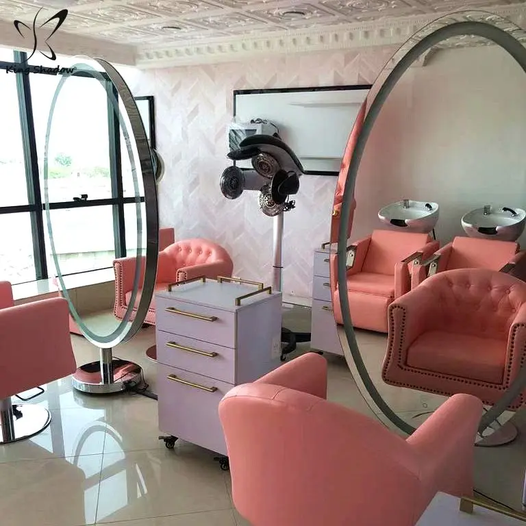 Мебель для салона двухсторонние светодиодные зеркала макияжа станции укладки станция косметических зеркал овальная металлическая красоты Современный уход за волосами