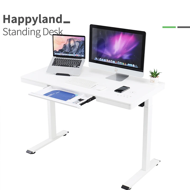White wooden electric height adjustable sit stand office computer standing desk frame for home office gaming table