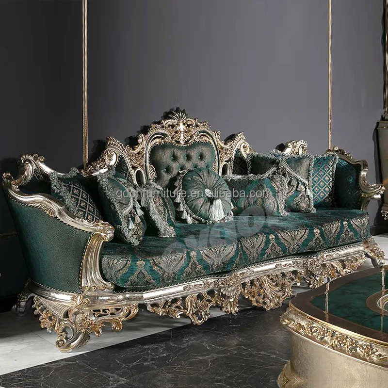 Royal European Sofa Vintage Classic Living Room Furniture  Luxury Classic Solid Wood Carved Fabric Sofa sets