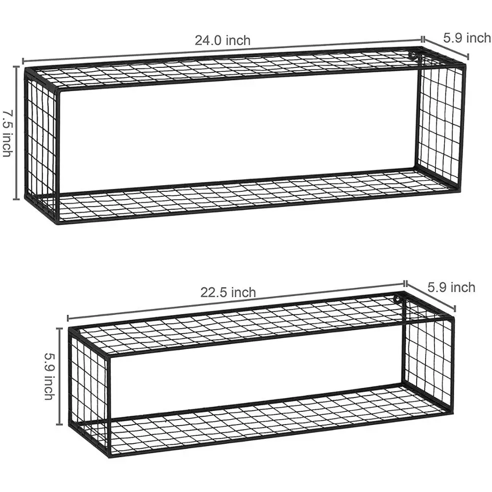 
Black Metal Wire Wall-Mounted Rectangular Floating Shelves, Display Shadow Boxes, Set of 2 