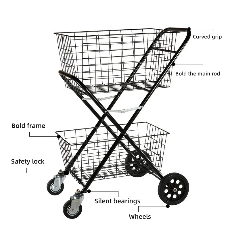 Foldable Metal Electronic Shopping Trolley Grocery Stores Double Baskets Collapsible Shopping Trolley with Big Wheel