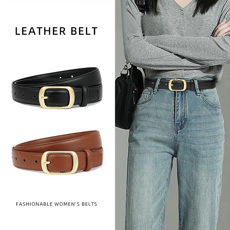 Slim Size Fashion Buckle Cowhide Leather Tan Brown Women Belts for Jean