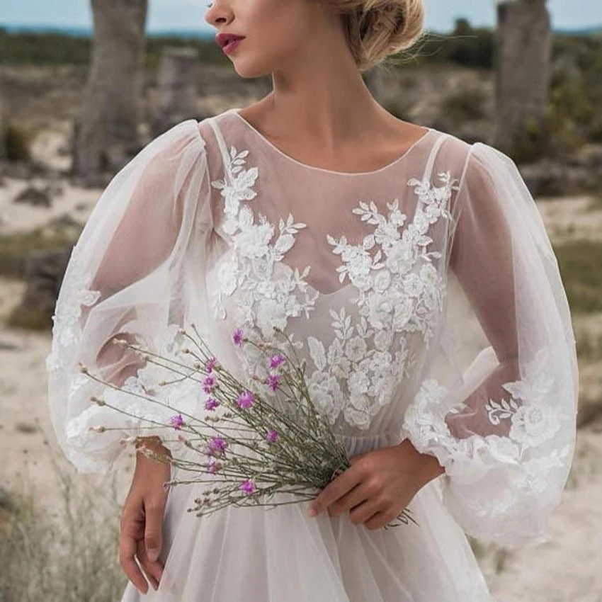 Wholesale Direct Sale New Sexy Round Neck Bubble Sleeve Mesh Embroidered Dress Wedding Dress