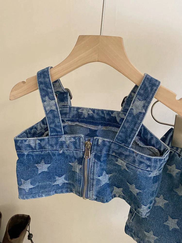 2024 New Summer Toddler Children Girl 2 pcs Sleeveless Outfit Set Cute Stars Print Crop Top + Skirt Denim Set 2-7 Years