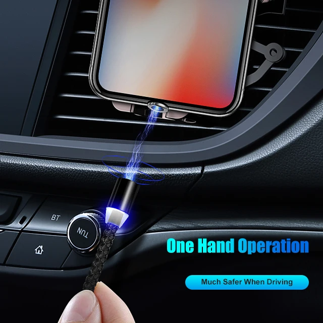 
360 degree rotatable braided 3 in 1 magnetic charging usb cable with LED light 