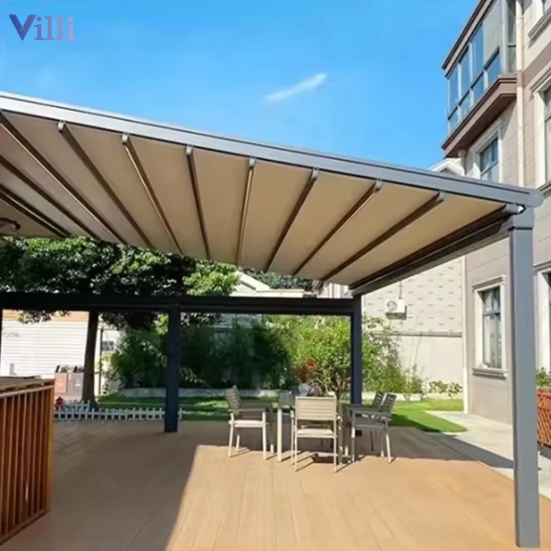 OEM aluminium wall mounted electric rain proof sunshade retractable pvc pergolas outdoor for carport