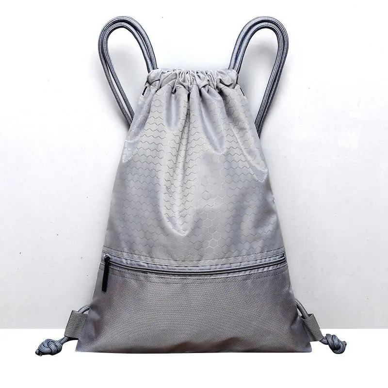 Promotional 500D Polyester Drawstring Bags Reflective Sports Gym Backpack Pull String Backpacks Cinch Tote Bag