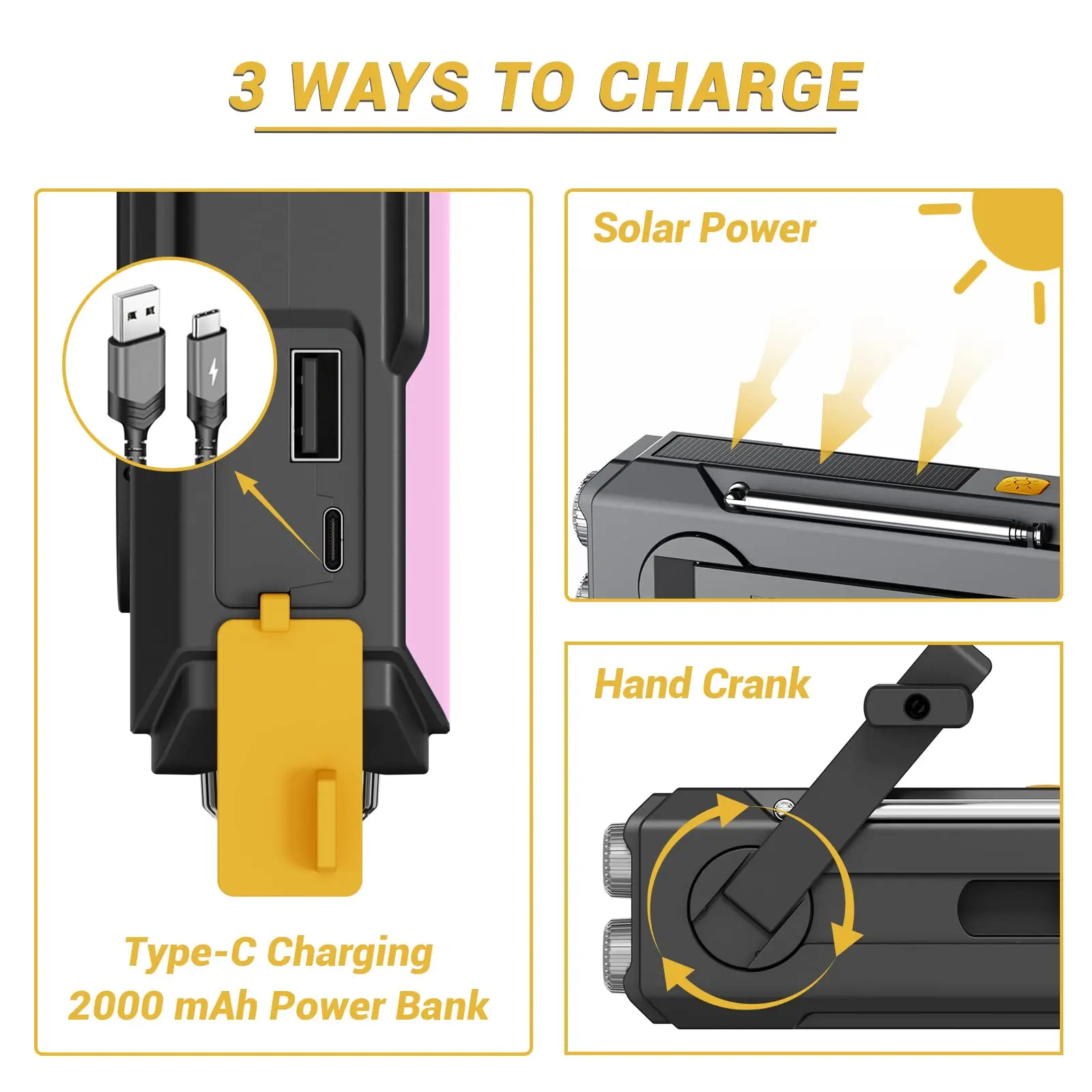 Hand Crank Self Powered Solar Emergency Radios with 3 LED Flashlight 2000mah Power Bank Smart Phone Charger