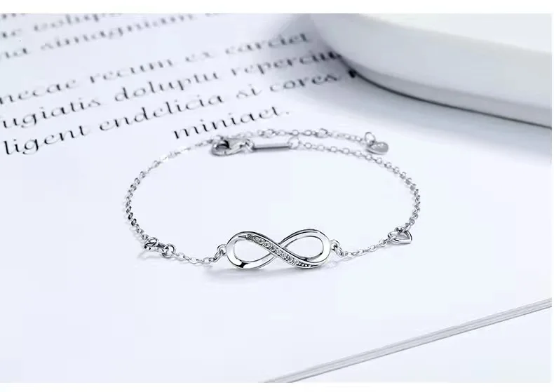 Real 925 silver bracelet, plated platinum shiny zircon female sterling silver bracelet, fashion 8-shape bracelet 18k gold plated