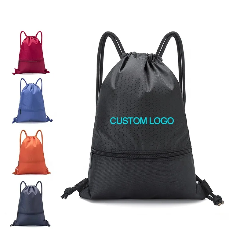 Custom logo promotional gift sublimation printed draw string nylon polyester sports drawstring backpack bag with zipper