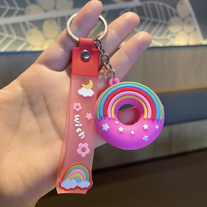 Cartoon Food 3D Silicone Sweet Donuts Keychain Cute Girl Bag Car Pendant charm donut keychain Rainbow Wristband Car Keyring
