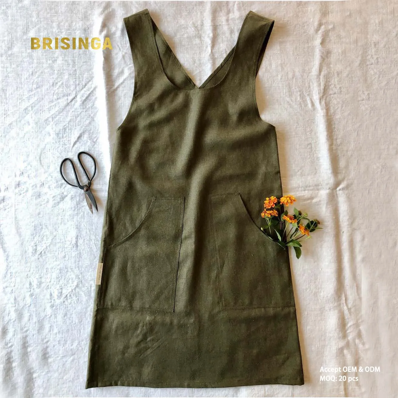 High Quality 100% French Linen Cross Back One Piece Unisex Adjustable Bib Apron with 2 pockets