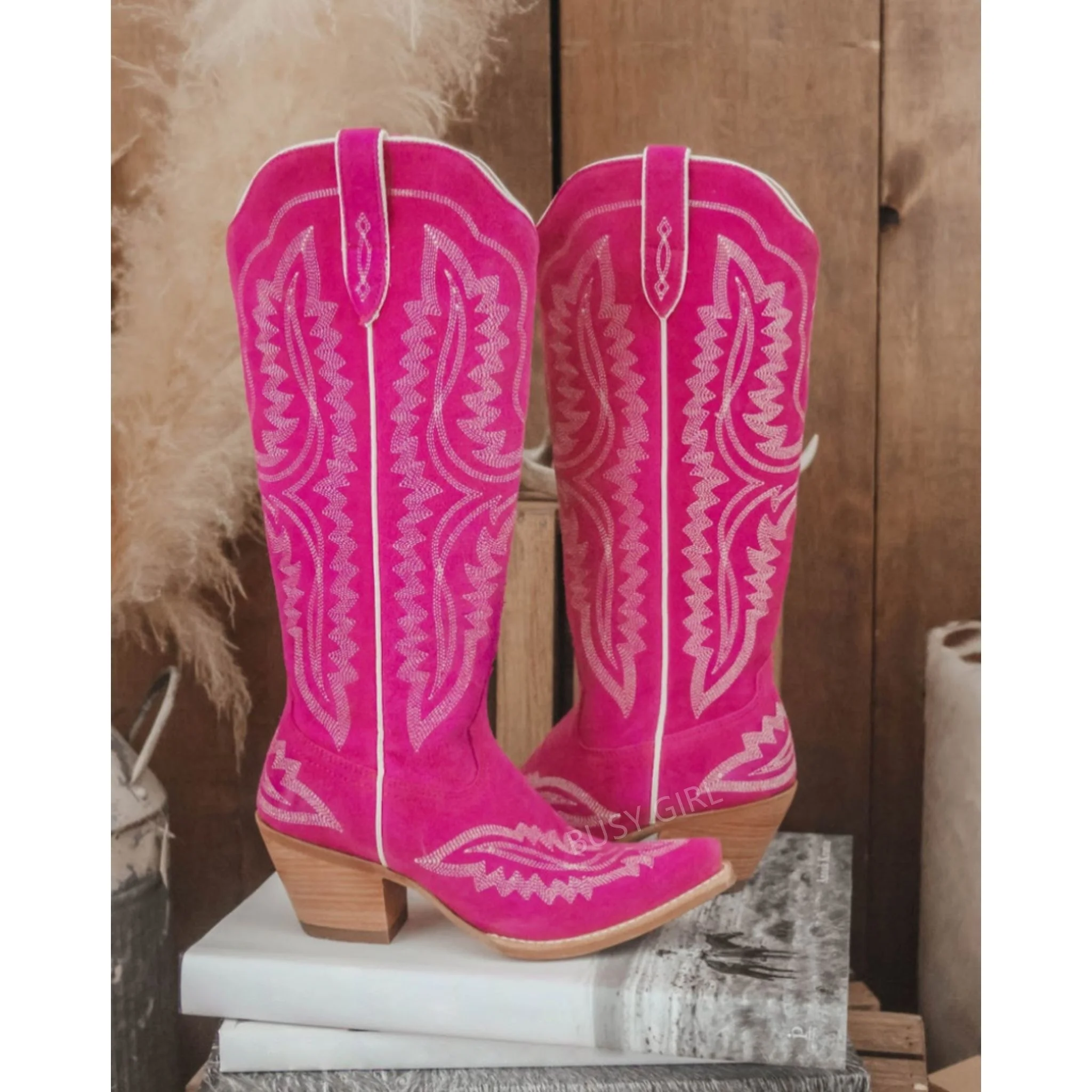 BUSY GIRL L4530 manufacturer knee high boots for ladies fashion embroidery low heels big size dress cowboy cowgirl boots women