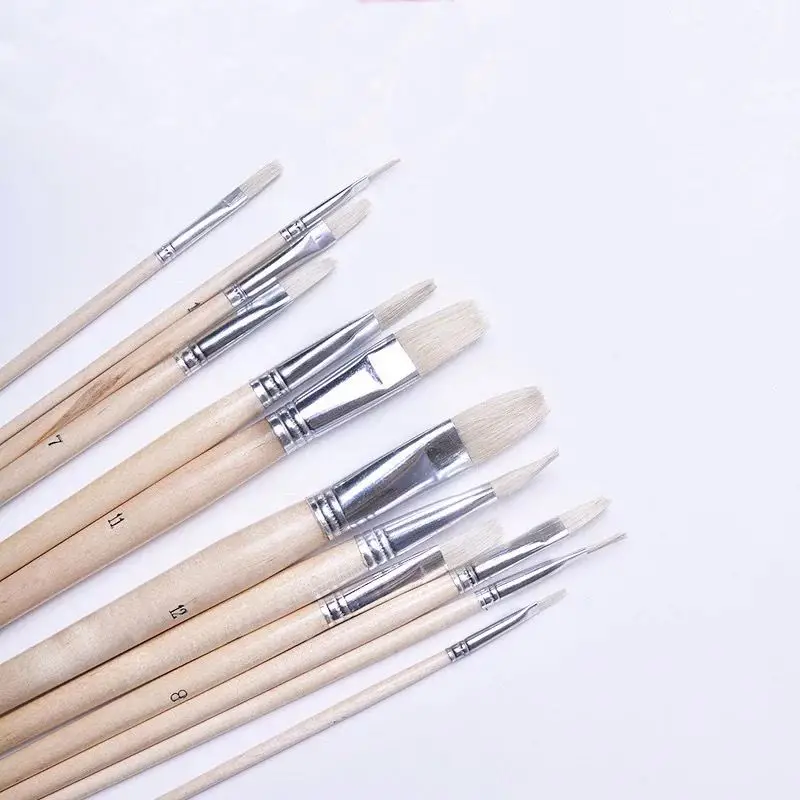 Hot Sale Flat nylon Hair Oil Acrylic Art Brush , 12pcs various size Painting Brush Set For Oil Acrylic Watercolor Painting