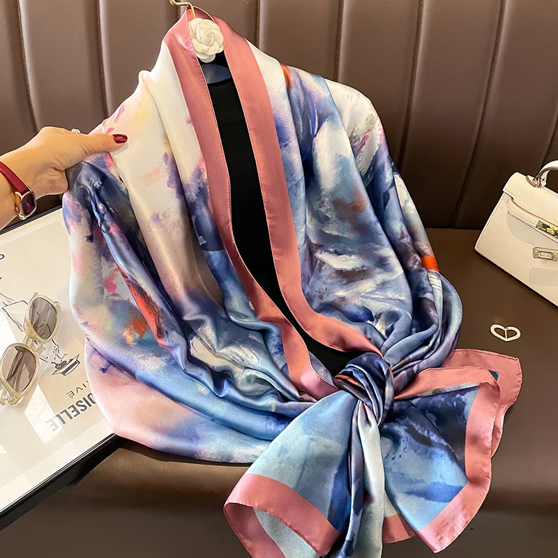 Wholesale hot sell new ladies designer silk scarves elegant flower printed silk hijabs Muslim women custom neck silk scarf shawl