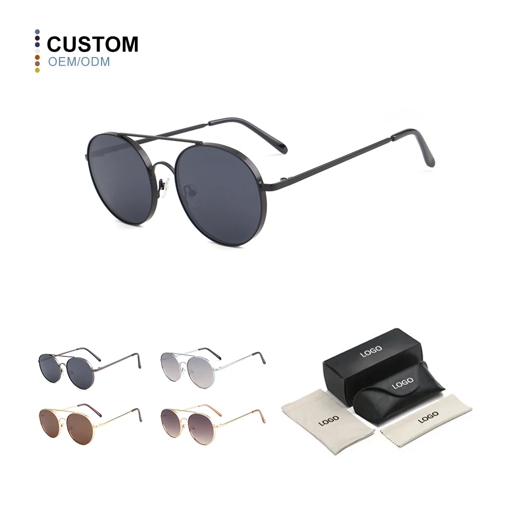 New Trend Unisex UV400 Lenses Round Double Bridge Aviation Metal Sunglasses Custom