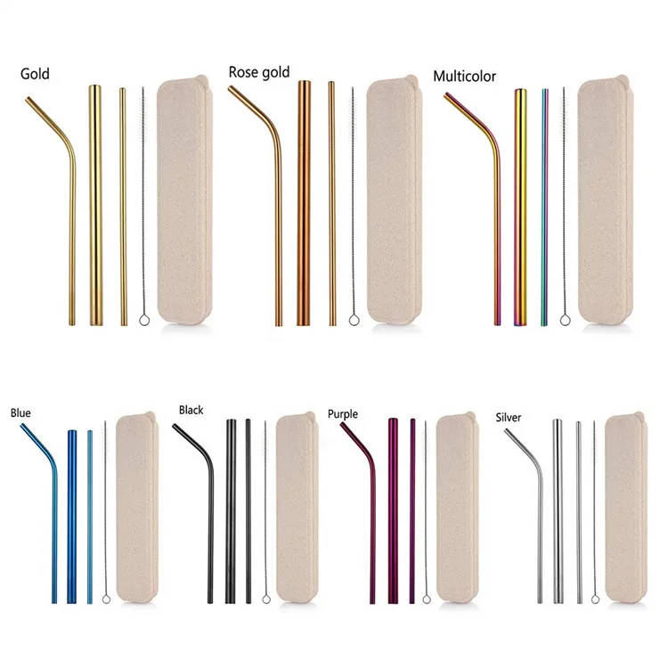 Цветная многоразовая металлическая 304 трубочка для питья из нержавеющей стали с лазерным логотипом в коробке
