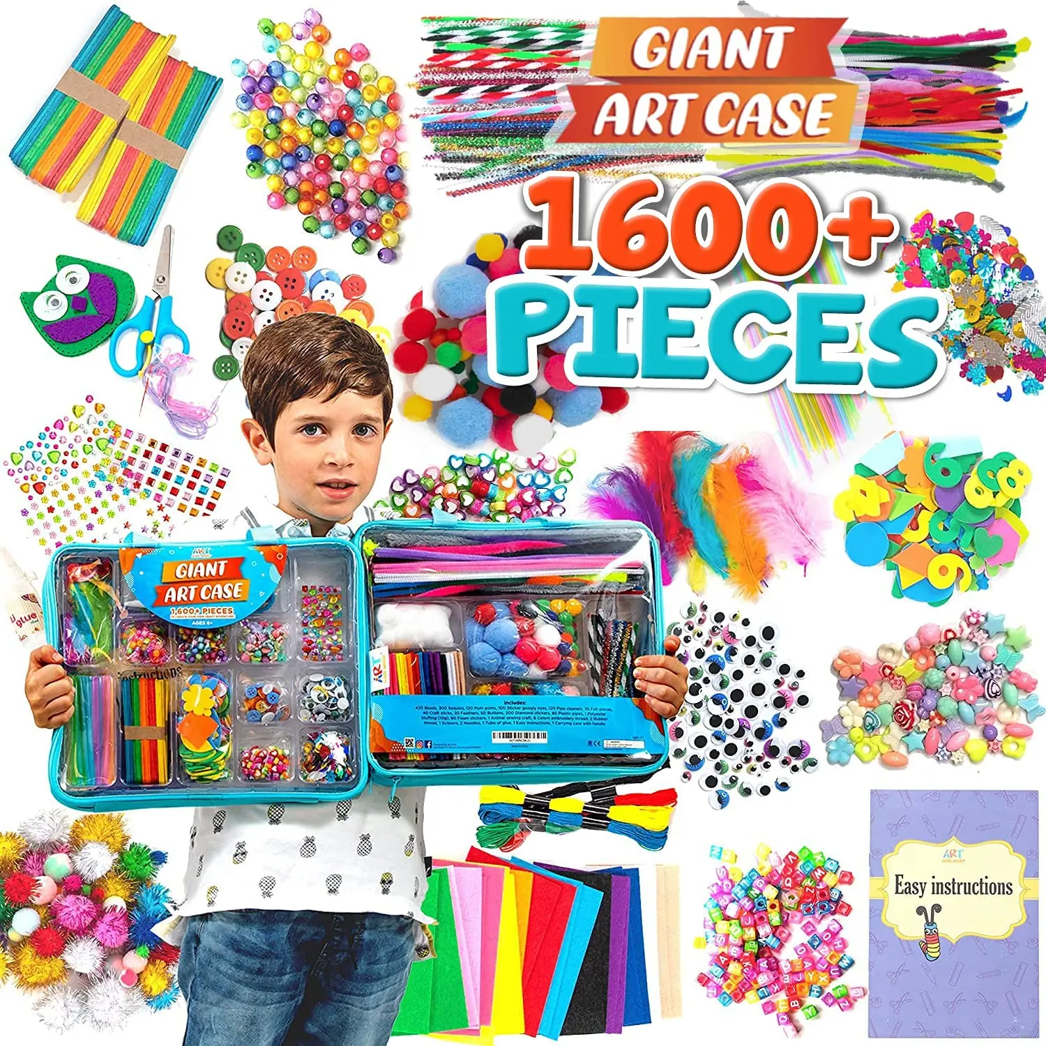 1600pcs Arts and Crafts Supplies for Kids DIY Projects Case Filled with Pom Box Craft Kit Beads Buttons Scissors