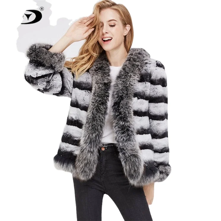 Women Winter Small Moq Fast Shipping Fox Fur Collar Style Rabbit Chinchilla Leather Coats