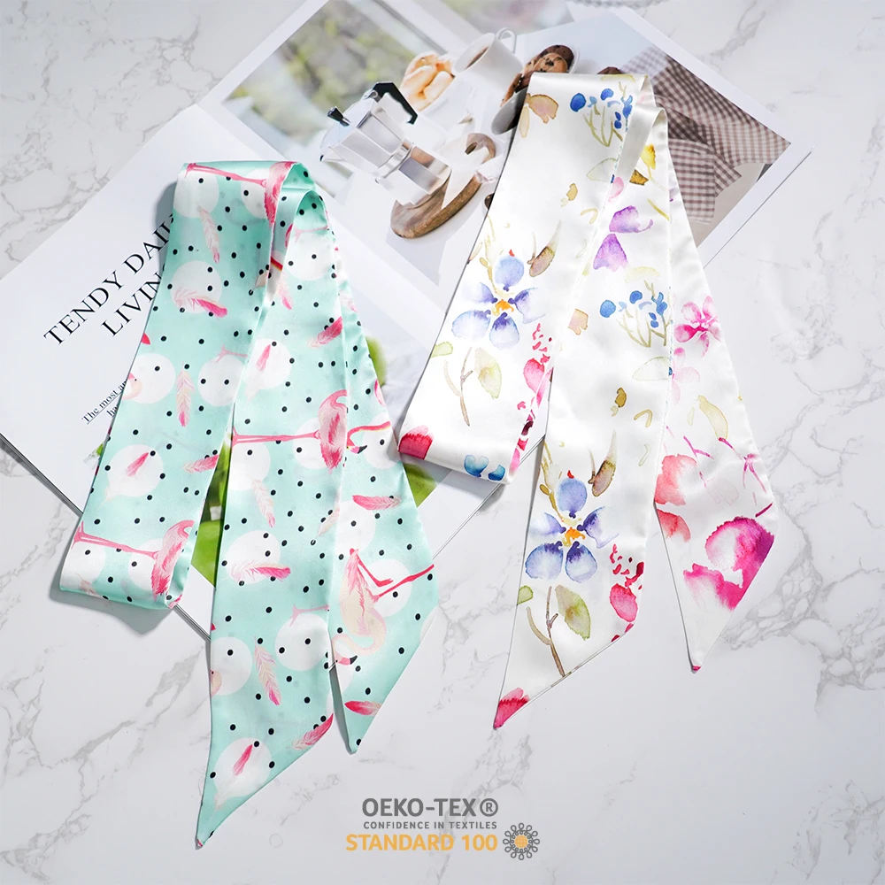 Изготовленный на заказ Печать 16/19/22momme 100% шелк тутового шелкопряда атласные длинные шелковые ленты шарф для шеи и повязка на голову с головными повязками