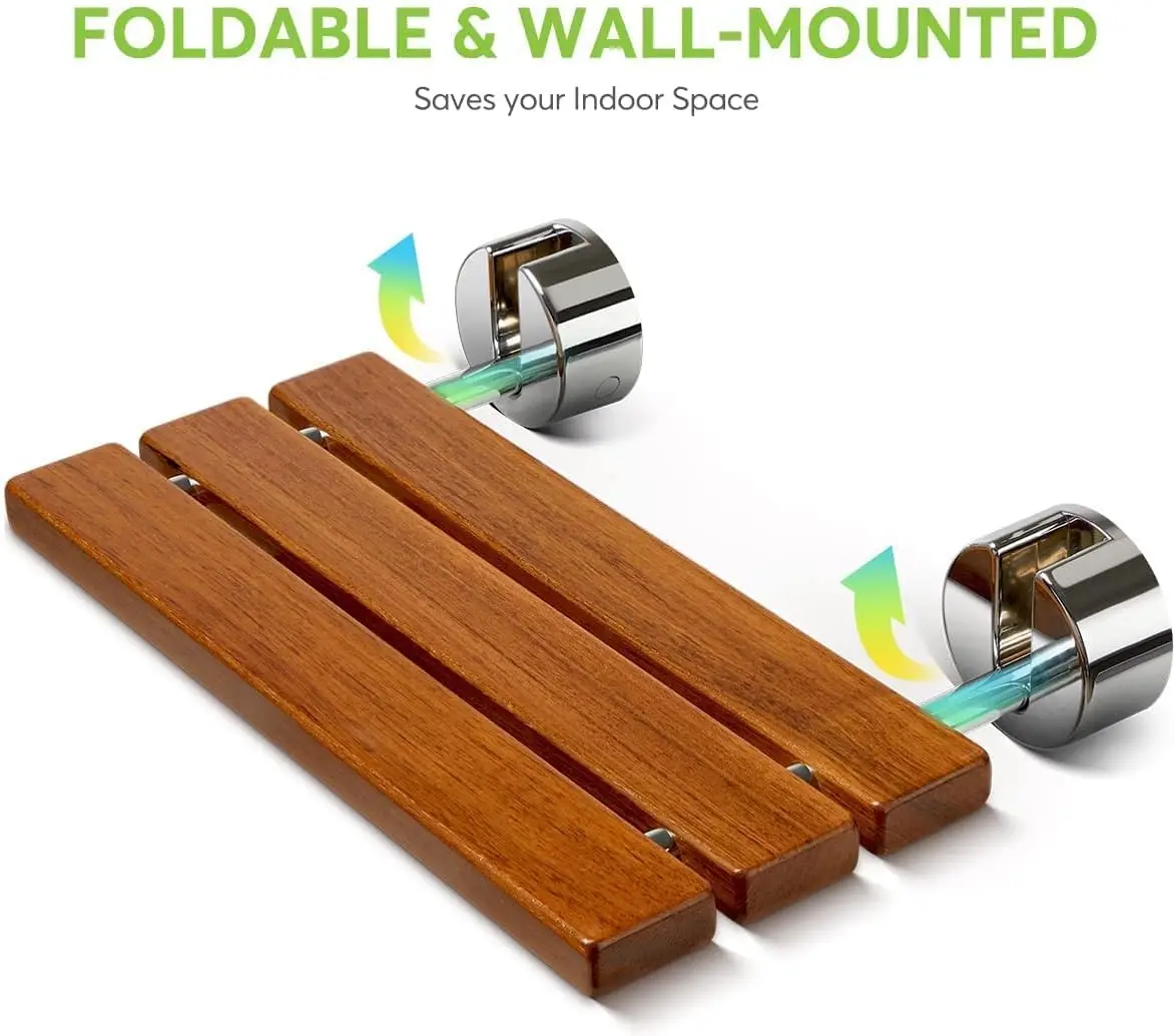 400 lbs Capacity 20 Inch Teak Folding Bathroom Bench Stool Seating Chair Medical Wall Mounted Fold Down Shower Seat