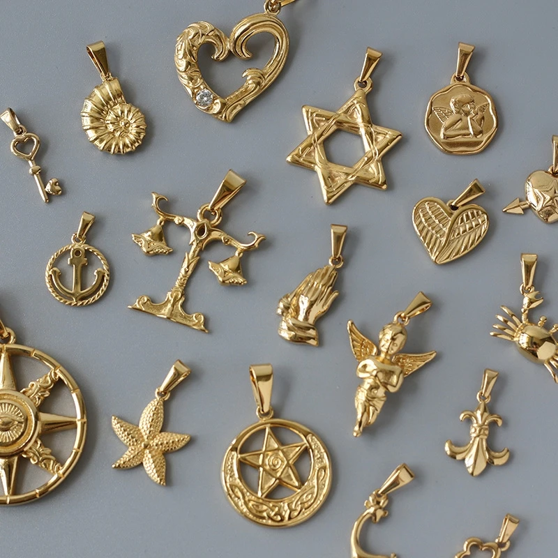 18K Gold Plated Waterproof Jewelry Accessories Stainless Steel Charms Heart Starfish Angle Crab Key Pendants for DIY Necklace