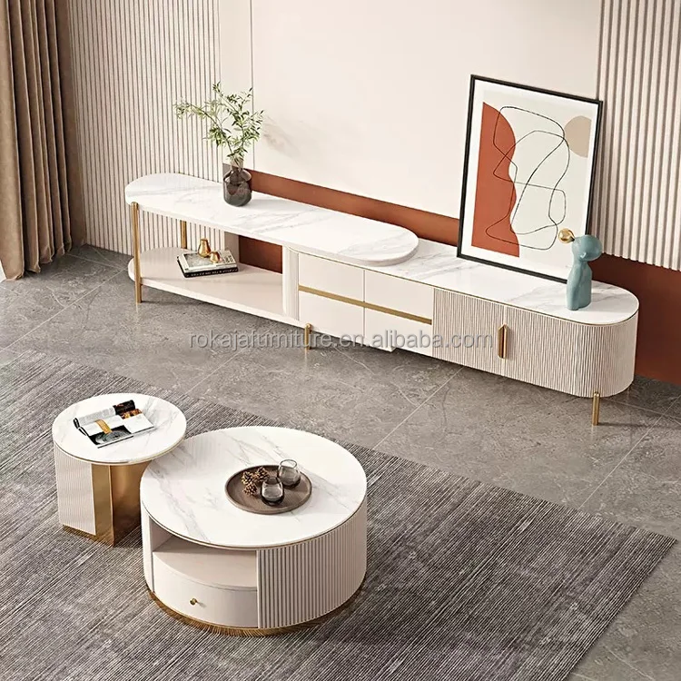 Hot Sale Expandable Tv Stand With Solid Wood Drawer Rock Slab High Low Round Coffee Table Tv Stand Combo Tv Stand Expand 2.6m
