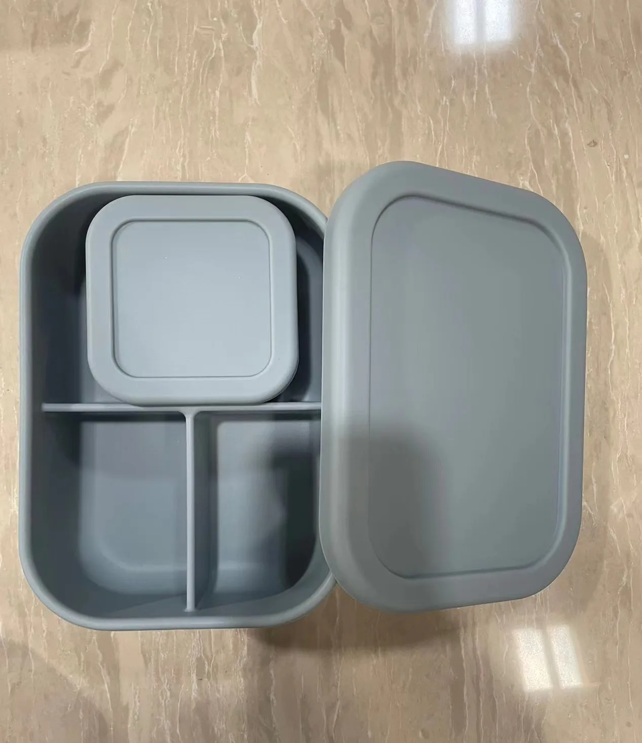 Eco Friendly Leak-proof Dishwasher Silicone 1 Compartment Square Lunch Box Set for Toddler 3 Pcs Blue Silicone Container CN;GUA