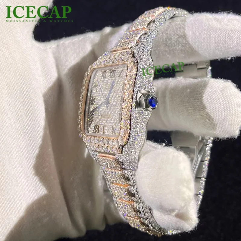 bust down 41mm two tone rose gold square dial custom mechanical watch iced out diamond luxury vvs moissanite watches for men