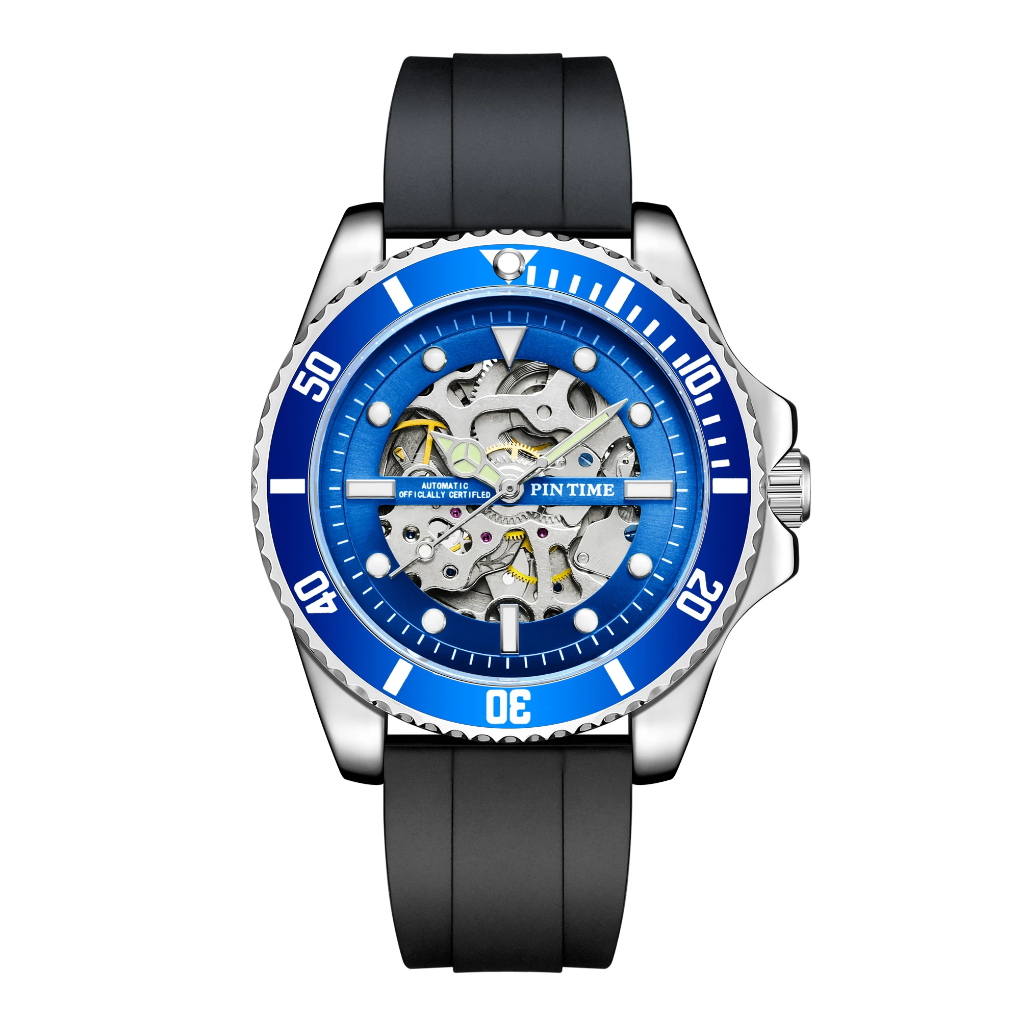 Men Automatic Watch Stainless Steel Mechanical Watch Rotate Bezel Self-Wind Luminous Waterproof Analog Hollow Skeleton Dial