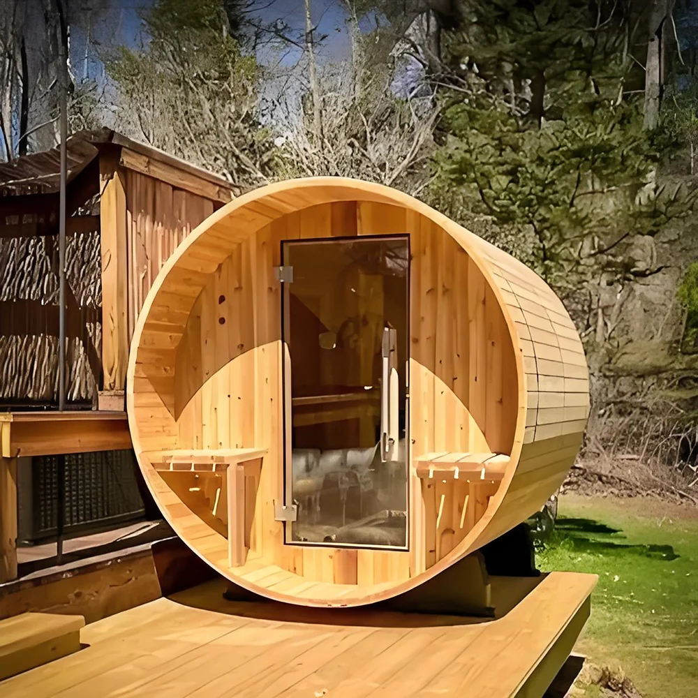 Outdoor Garden Hemlock Solid Wood Barrel Steam Sauna With Wooden Sauna Oven For 4 People