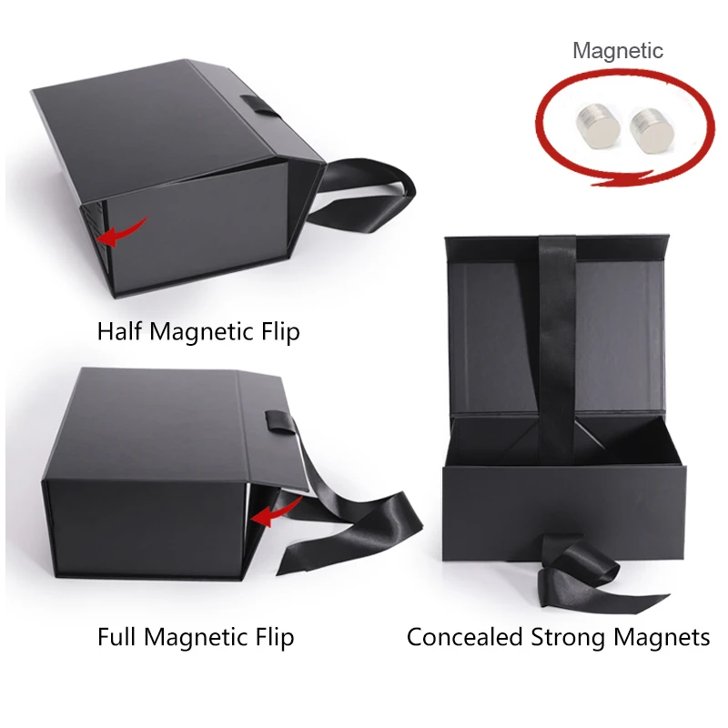 Custom size coffret cadeau hard cardboard rigid magnet box packaging Caja de luxury folding Ribbon gift boxes with magnetic lid