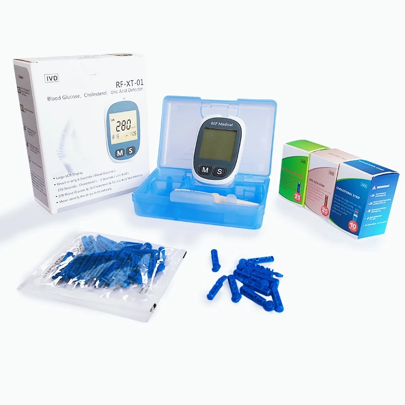 GooDoctor 3 in 1 Handheld Medical Blood Sugar Tester Cholesterol Uric Acid Detector for Home Use