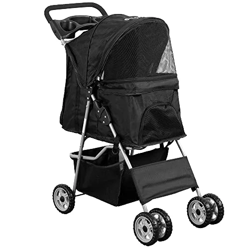 Eco-Friendly Twin Pet Stroller with 4 Wheels Black Metal Travel Trolley for Dogs and Cats Foldable