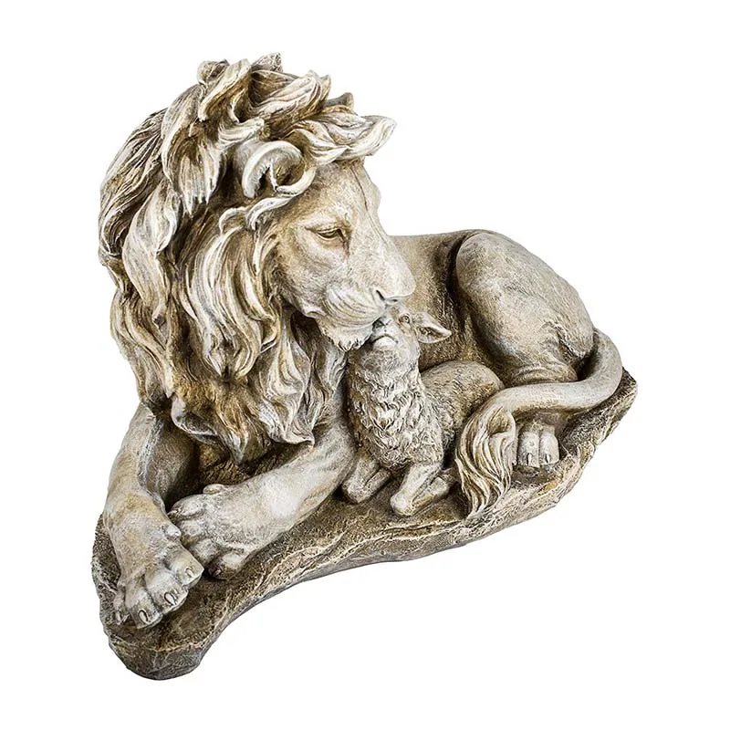 Resin Antique Grey Stone Finish Lion Garden Statue with Small Lamb