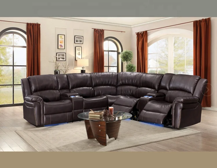 Hot Sale European Style Living Room Sofas High Quality Half Leather 7-Seater Recliner Sofa Set