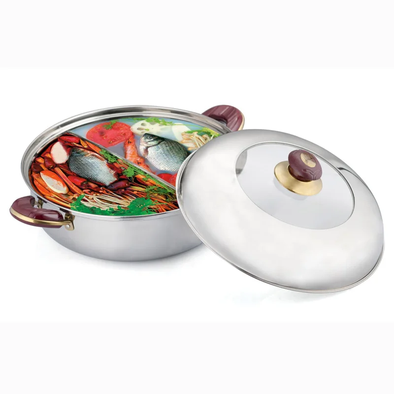 2 Compartments Hot Pot Chinese Style Stainless Steel Casserole with Divider and Glass Cover