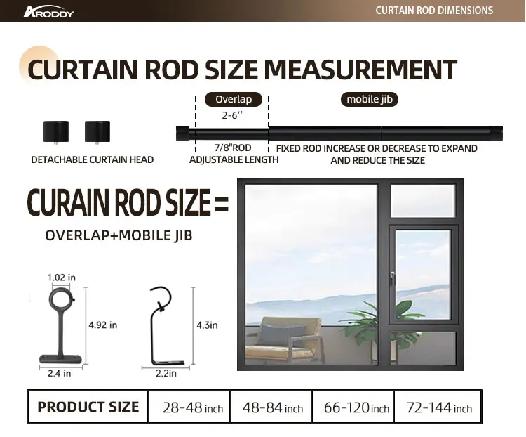 ARODDY 28 to 48 Inch Style Design 1 Inch Smart Curtain Rod Pole Black Drapery Industrial Window Curtain Rod End Cap