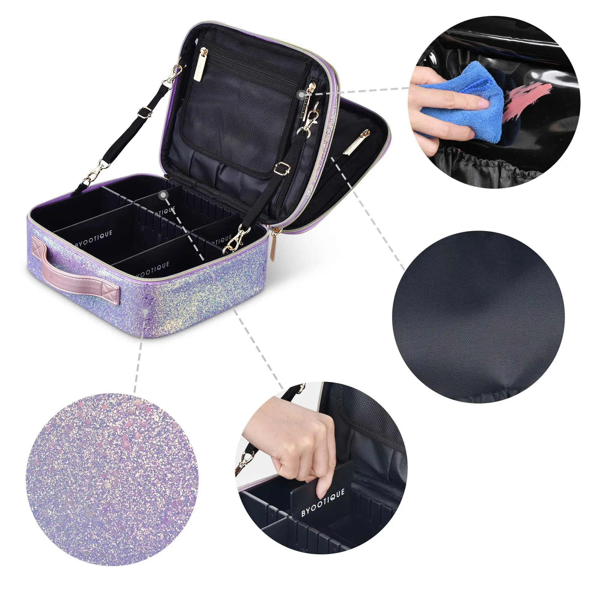 PVC Makeup Bag Cosmetic Bag Organizer Leather Bag with Compartment Travel with Adjustable Dividers PU OEM Fashion Shiny Open