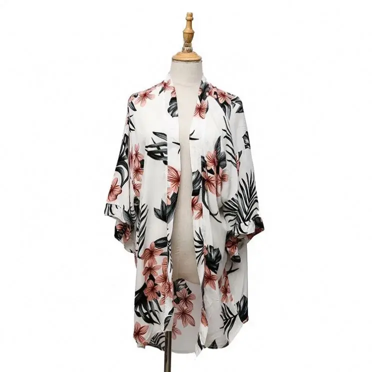 
2021 New Arrivals Floral Print 100%Viscose Printed Ladies Front Open Beach Dress Japanese Style Kimono 