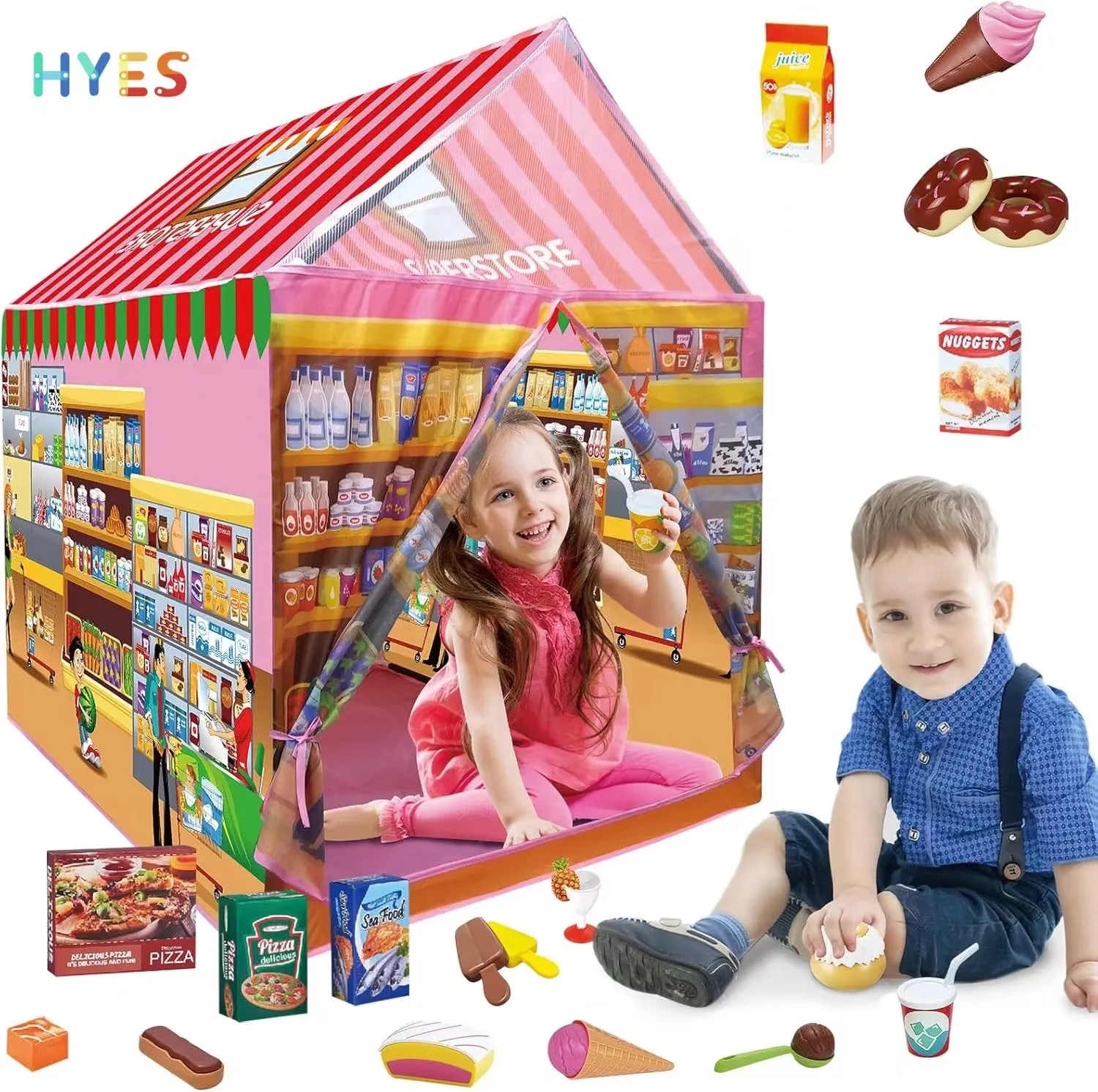 Huiye 115 Pcs Kids Supermarket Play Tent Play Set With Educational Pretend Food Toy Funny Indoor Play House Toy Interactive Gift