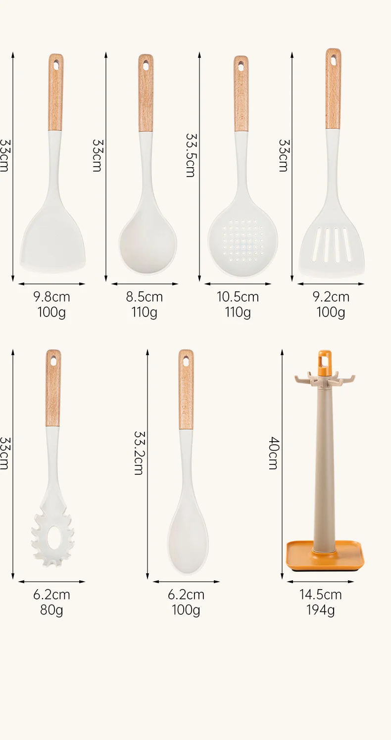 Nonstick Silicone Kitchen Utensils Accessories With Wood Handle 7-Piece Set Spatula & Spoon Cookware Tools Set
