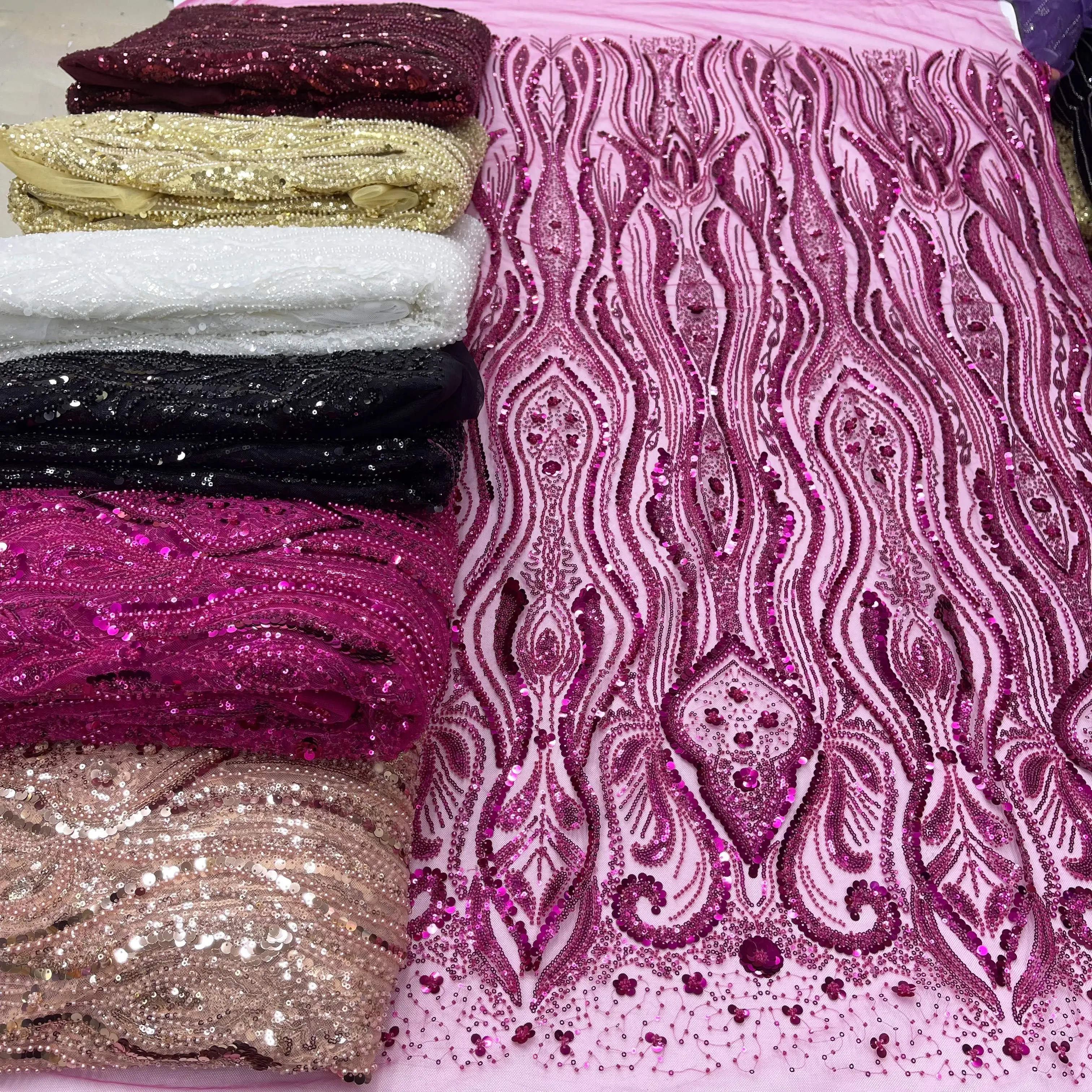 Black beaded lace fabric embroidery african french tulle lace with sequins lace wedding dress