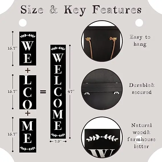 Welcome Sign for Front Porch Standing Interchangeable Wooden Sign with 5 Designed Double-Sided Icons for Front Door