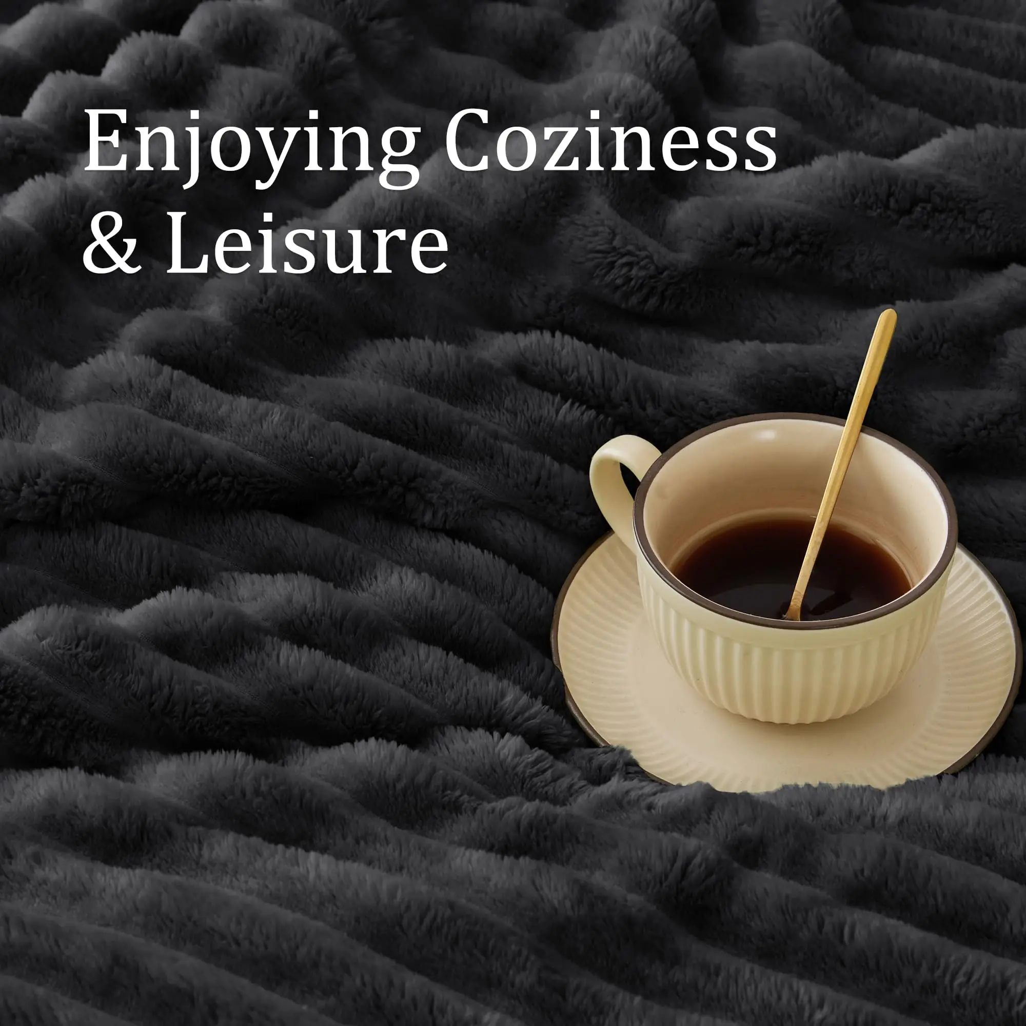 100% Polyester 3D Ribbed Striped Black Flannel Blanket Soft Warm Decorative Fluffy Throw for Couch Knitted 100% Plush