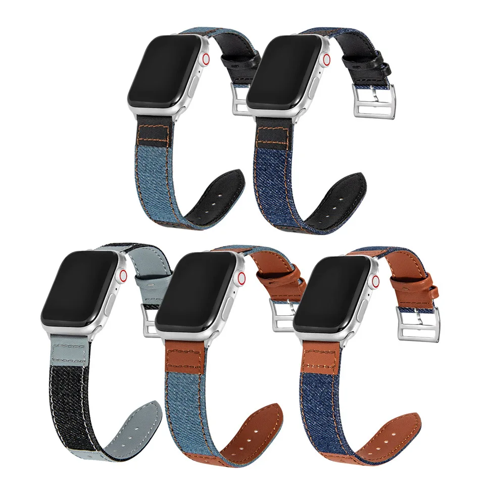 Wholesale new popular contrasting colors 38 40 42 44 mm denim chain watch band sailcloth canvas watch strap for apple watch