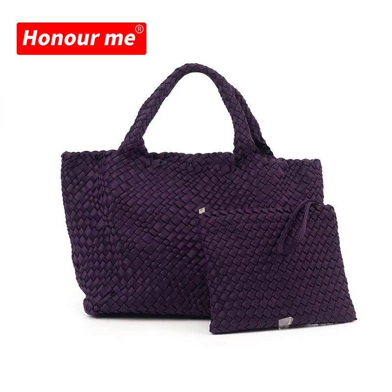 Customized Two Size Designer Luxury Waterproof Handbag Neoprene Woven Bag Beach Plaited Handmade Tote Weave Bag