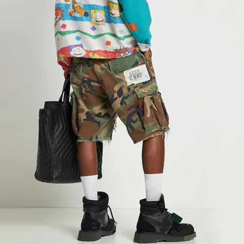 YSJY High street fashion elastic waist jean shorts men manufacturer custom logo distressed shorts denim camo shorts