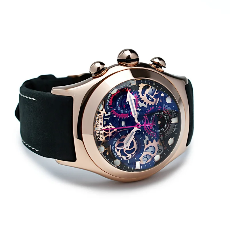 Reef Tiger Mens Sport Watches with Chronograph Skeleton Dial Date Three Counters Luminous Steel Watch RGA792